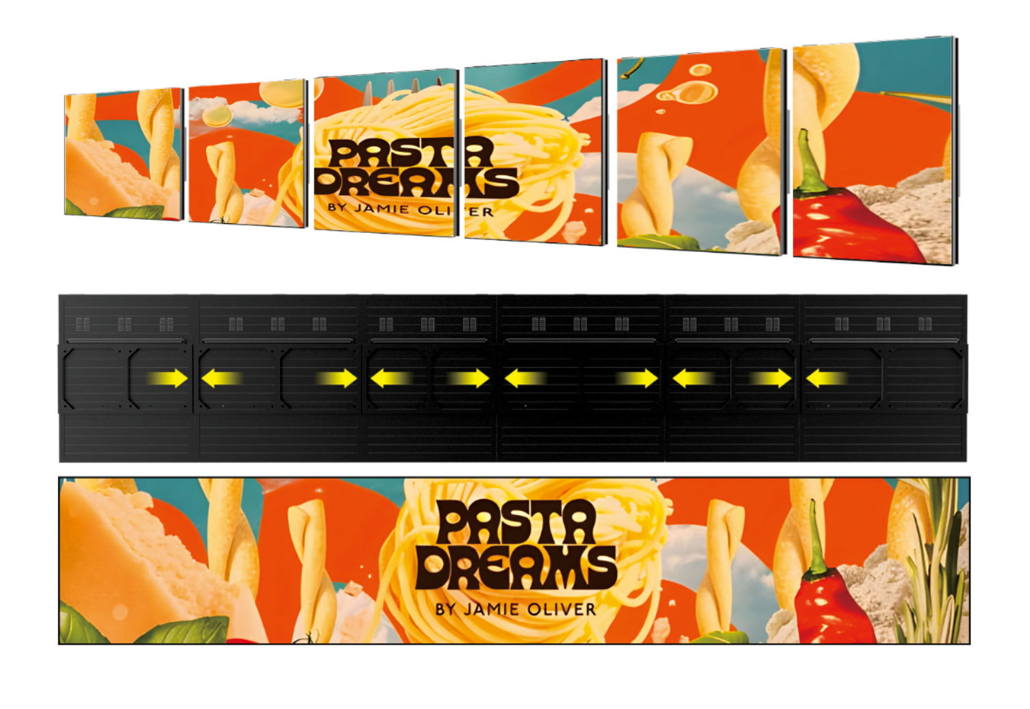 Modular LED screen panels spliced to extend width and height for custom outdoor video walls
