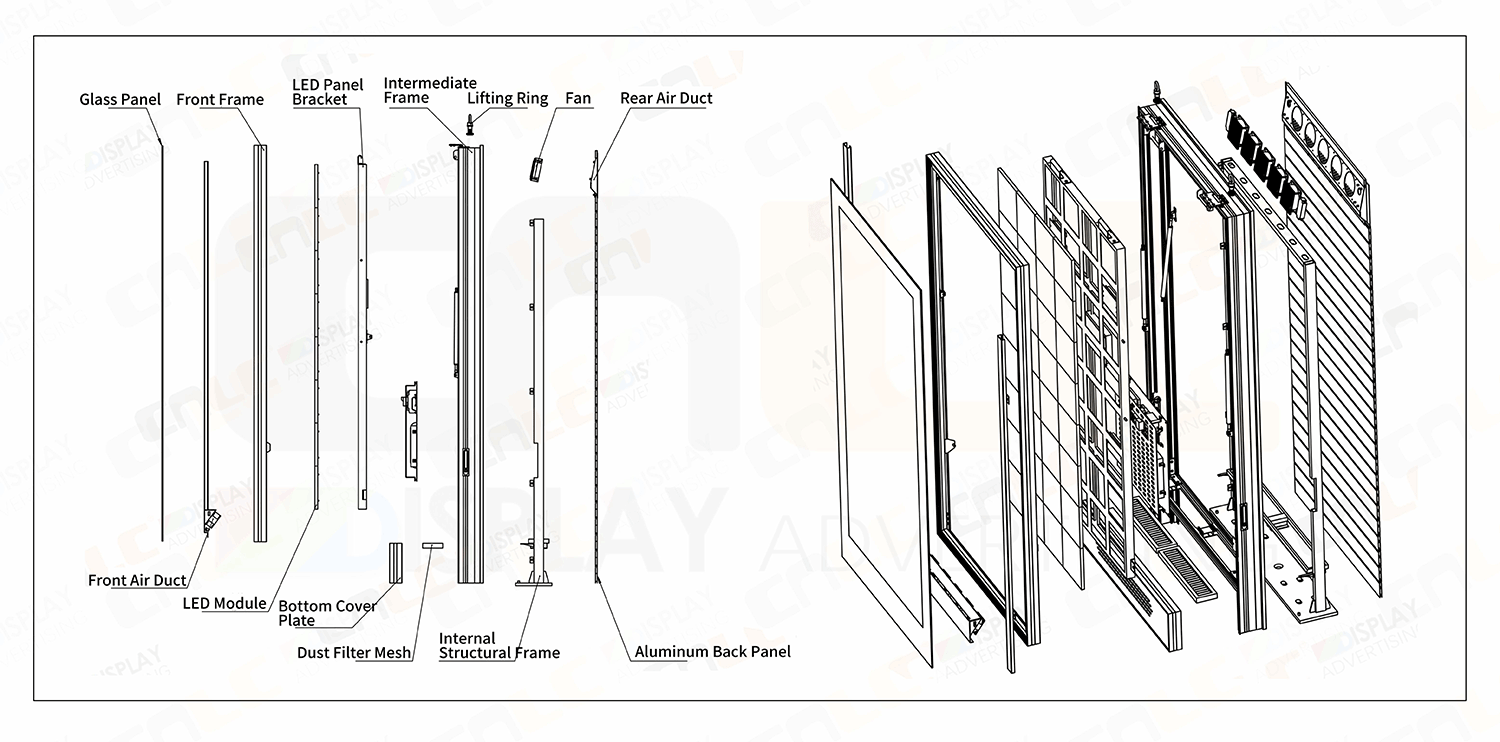 Detailed Exploded Diagram of Single-Sided Outdoor LED Enclosure Components