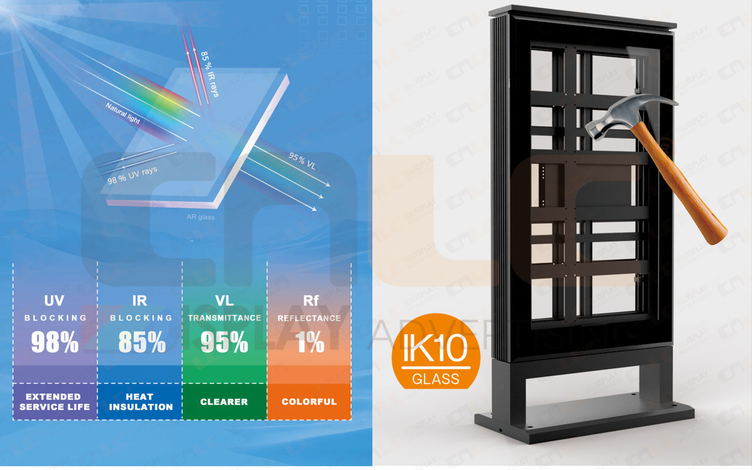 IK10 anti-reflective safety glass for DOOH outdoor LED display enclosure.