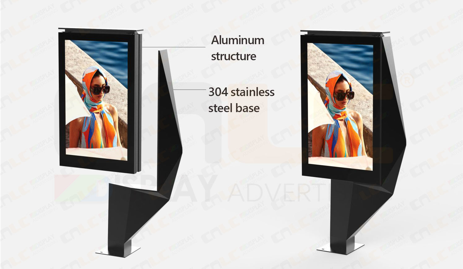 Durable aluminum LED totem with 304 stainless steel side frame and base for outdoor digital signage