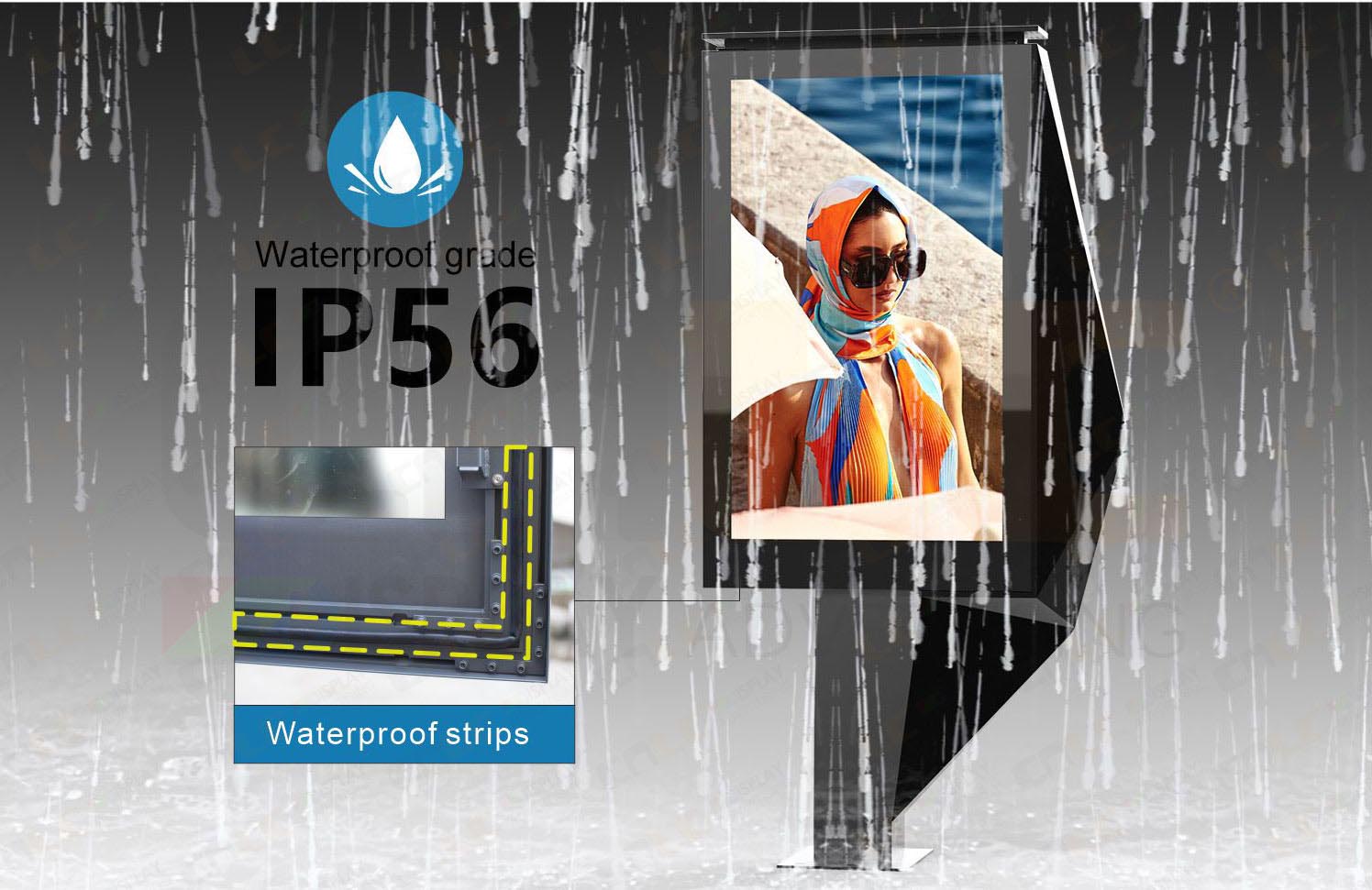 IP56 weatherproof LED display totem for outdoor DOOH advertising, dustproof and waterproof protection