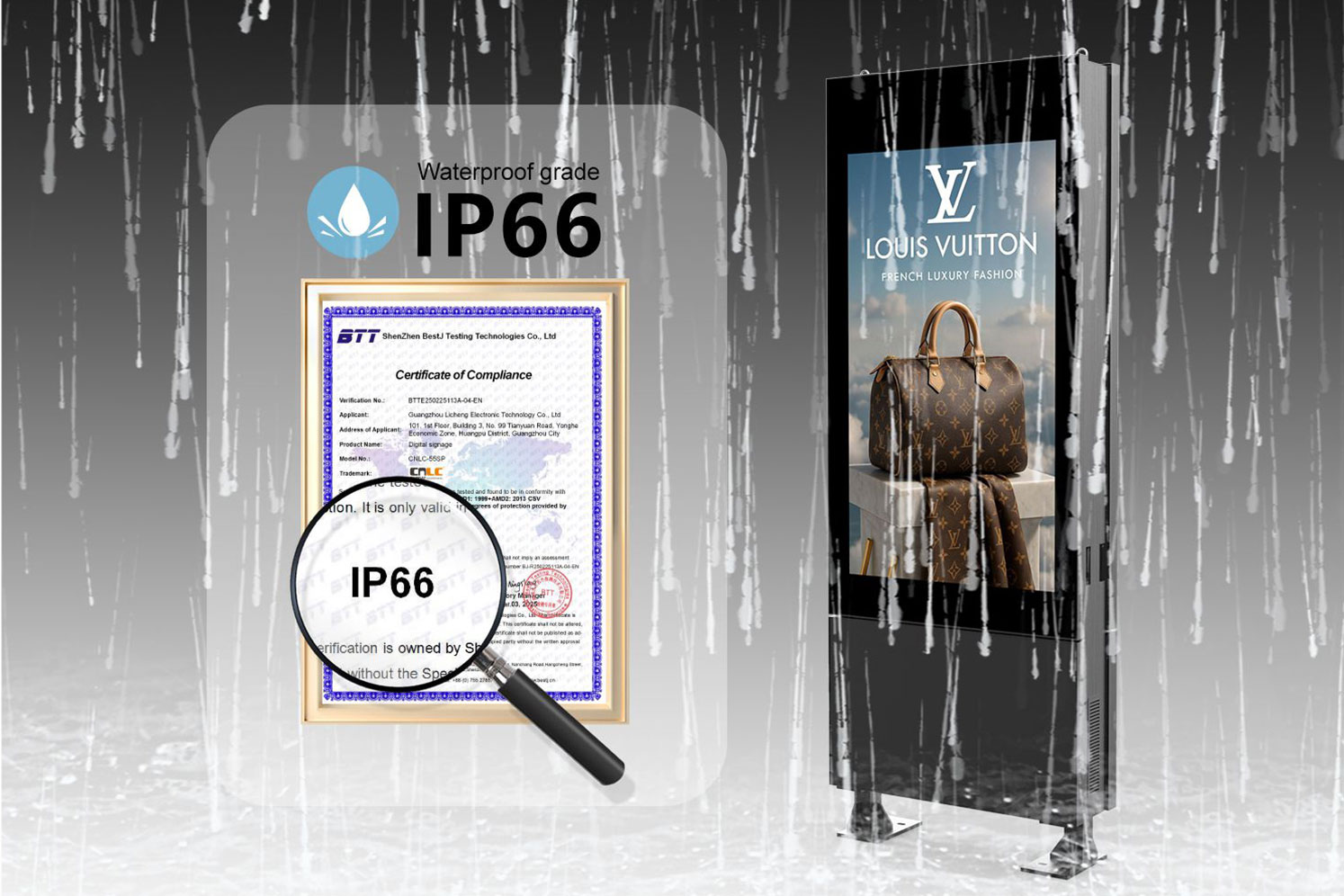 IP66 weatherproof outdoor LCD totem for all-weather durability.