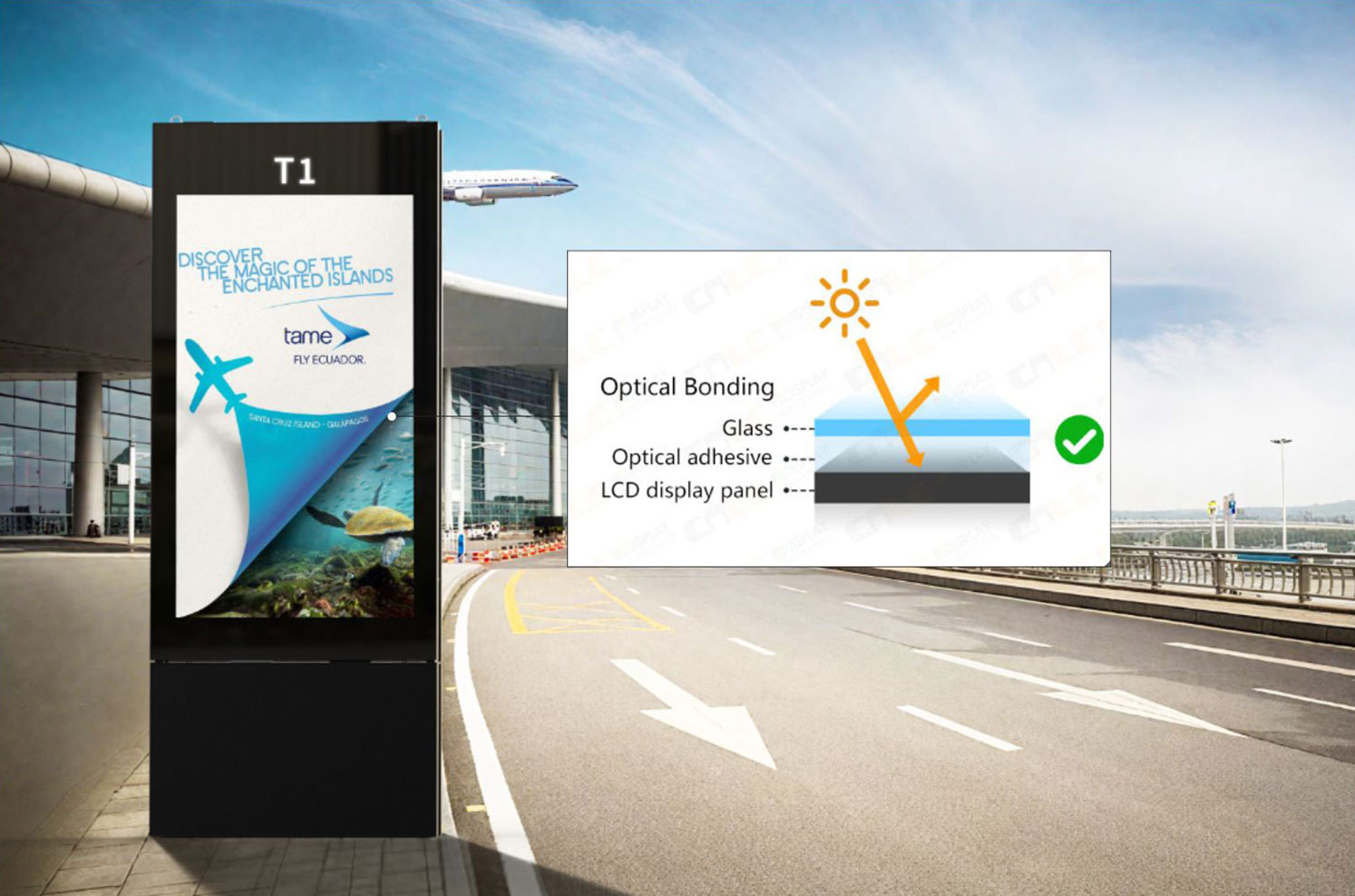 High brightness outdoor LCD totem with anti-reflective glass.