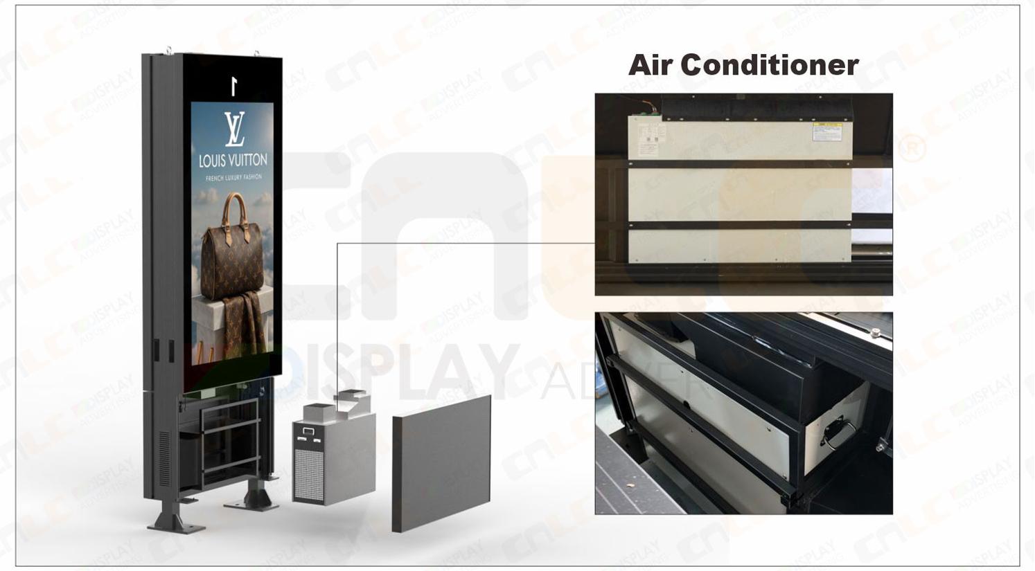 Outdoor LCD totem with built-in air conditioning for extreme heat environments.