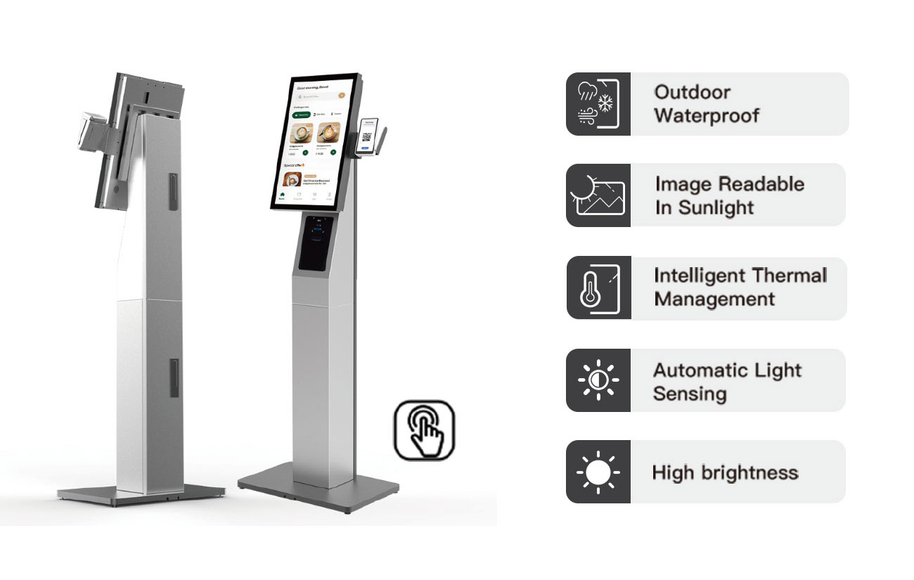 Outdoor interactive digital kiosk with touchscreen display and integrated self-service features