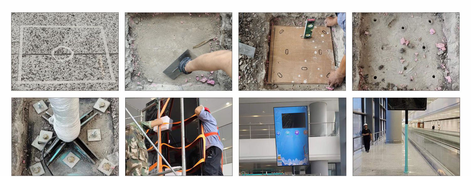 Step by step installation process of floor standing LCD digital signage totem in airport environment including drilling and structure fixing