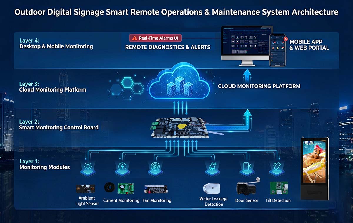 Digital signage remote monitoring system architecture showing sensors, monitoring control board, cloud platform and remote management