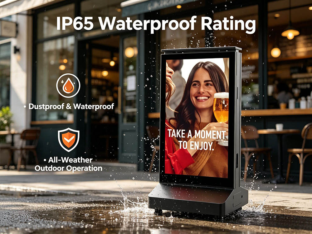 IP65 Battery-Powered Mobile LCD Display IP65 weatherproof portable LCD display designed for outdoor advertising in various weather conditions
