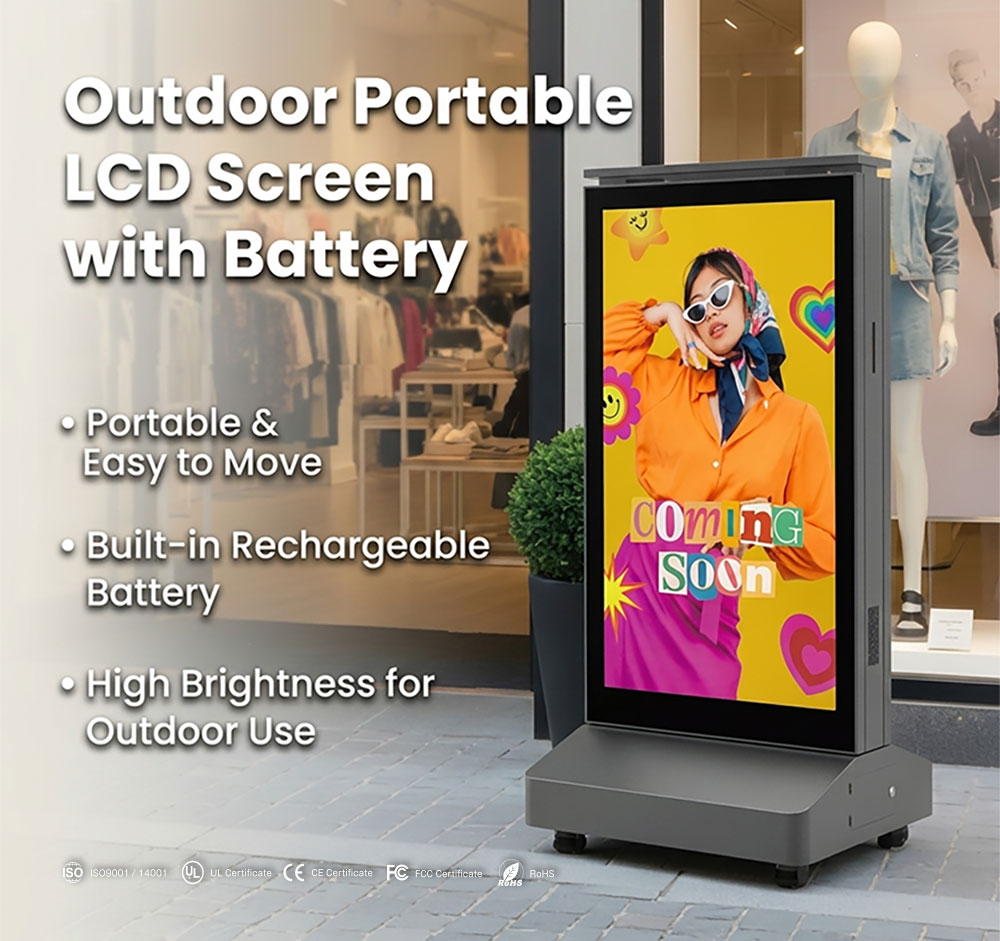 Wireless Battery Powered LCD Screen for Retail Store Front Portable battery-powered digital signage placed outside a retail store to attract customers and promote products