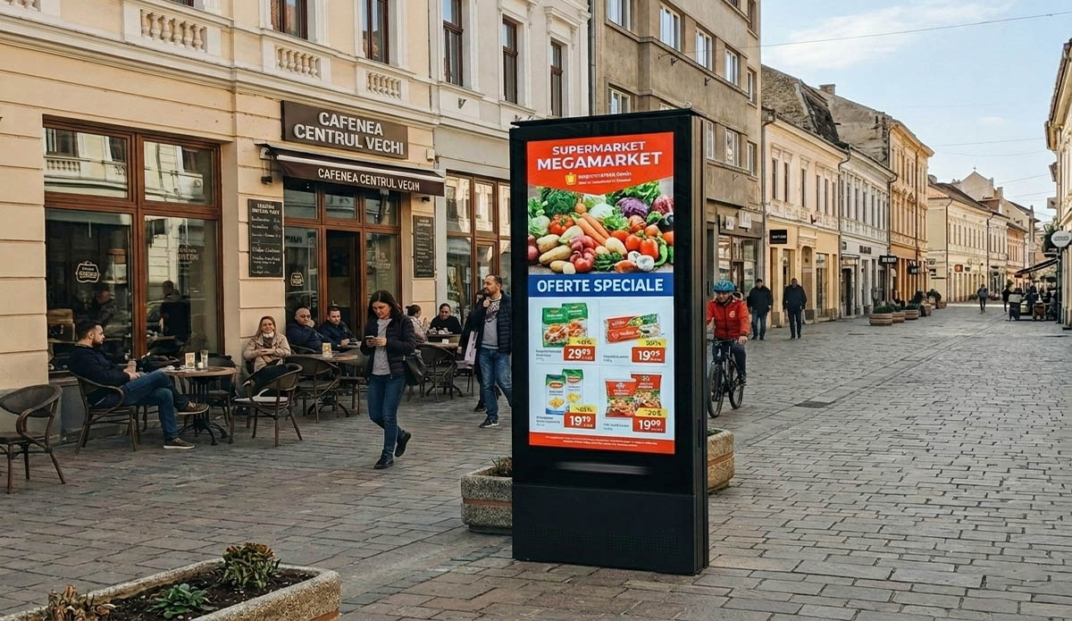 P2.5 outdoor LED totem installed in a modern European commercial district for outdoor advertising, retail promotions, and digital signage applications.