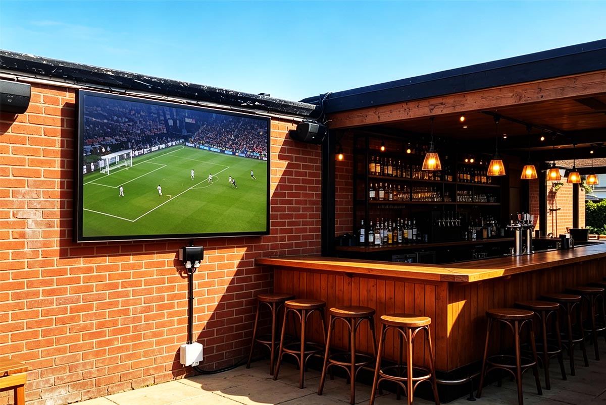 Outdoor wall-mounted high brightness LCD display installed in open-air bar terrace for commercial digital signage and DOOH advertising in daylight environment