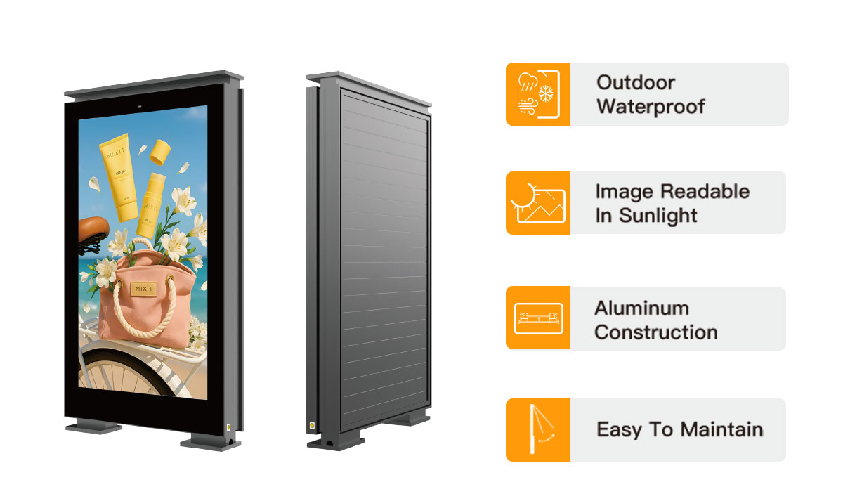 Smart city kiosk featuring ambient light sensor, IK10 tempered glass, steel housing, and commercial grade LCD display