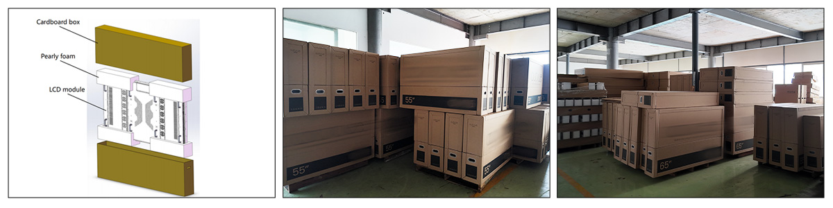 Protective export packaging of wall-mounted outdoor LCD digital signage displays designed for international shipping and DOOH project deployment