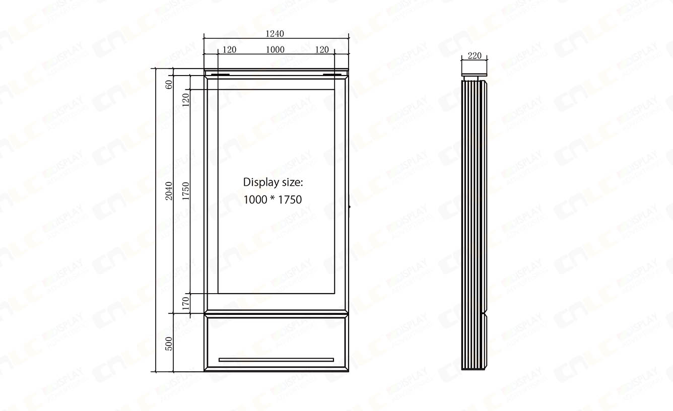 Dimension drawing of the outdoor LED totem display with cabinet size and installation specifications