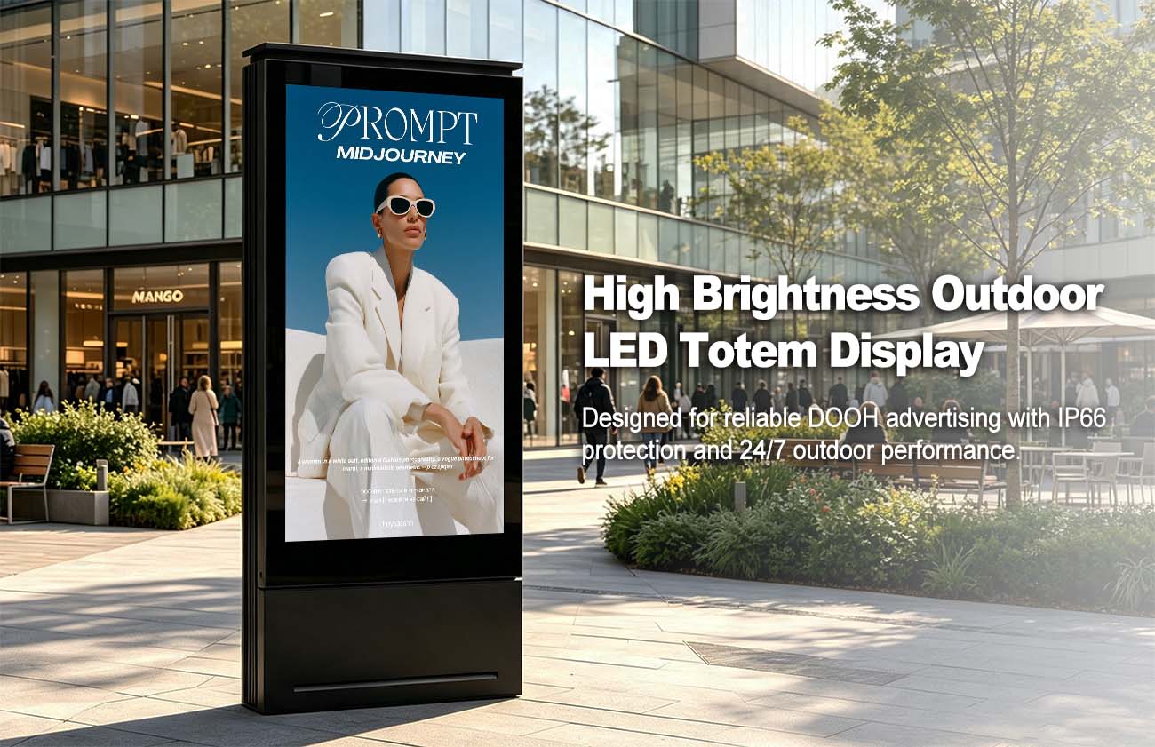 High-brightness outdoor LED totem display for DOOH advertising with IP65 weatherproof aluminum cabinet