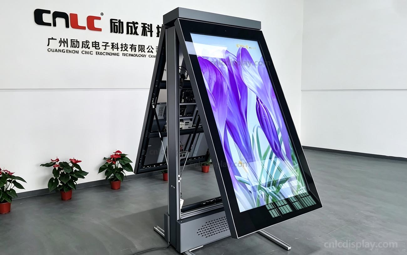 LCD display totem with screen opened to show the internal structure